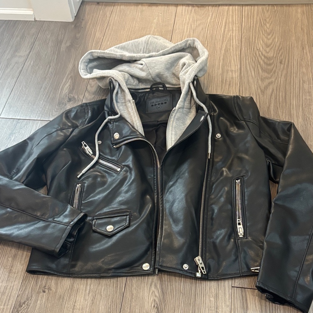 Blank NYC Black Faux Leather Moto Jacket with Gray Hood Insert